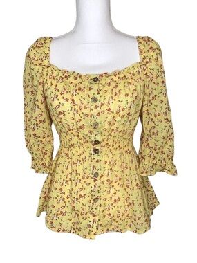 Life Floral Yellow Top‎ Blouse Boho Smocked Button Down Women Medium 100% Cotton